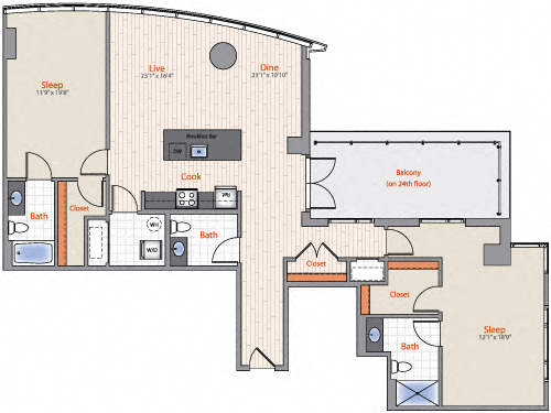 Floor plan for 2 beds, 2.5 baths, 1665 sqft